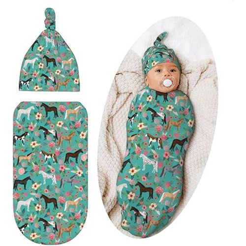 Swaddle Blanket Horse Baby Stuff Newborn Baby Swaddling Blanket Sleep Sack with Beanie Hat Sets Gifts for Boys Girls Infant And Baby Shower Unisex