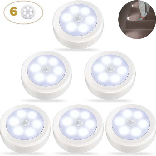 WHATOOK 6pcs Motion Sensor Light, Cordless Battery-Powered LED Closet Light, Stick on Anywhere LED Cabinet Lights, Auto on/off Wireless Night Light for Stair Bedroom Kitchen, White