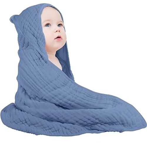 Yoofoss Hooded Baby Towels for Newborn 100% Muslin Cotton Baby Bath Towel with Hood for Babies, Infant, Toddler and Kids, Large 32x32Inch, Soft and Absorbent Newborn Essential,Dark Blue