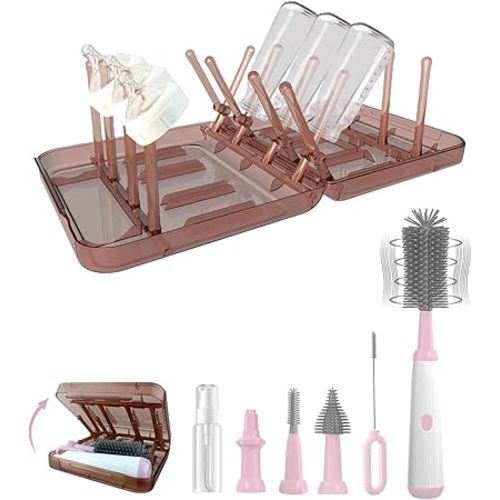 Electric Bottle Brush Cleaner, Rechargable Electric Baby Bottle Brush Cleaner with Nipple & Straw Brush, Travel Baby Bottle Brush with Drying Rack, Perfect Essentials for Mom After Birth