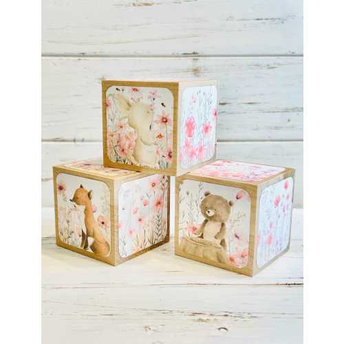 Woodland Animals Baby Blocks - Girl Designs - Pink Wildflowers - Forest Animals - Bear, Deer, Bunny - Baby Shower Centerpiece- 2 Inch -