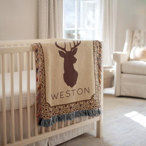 Personalized Camo Deer Woven Blanket, Camo Deer Nursery Decor, Personalized Hunt Baby Shower Gift, Camo Deer Hunting Baby Blanket Gift