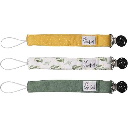 Copper Pearl Pacifier Holder 3-Pack: Premium Knit Binky Clips for Babies - Stylish Stainless Steel Design, Prevents Floor Drops - Fern