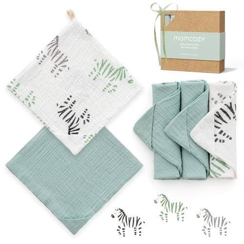 Momcozy Soft & Absorbent Baby Washcloths - 4 Layer Design| Medium Thickness| Premium Cotton for Newborns' Skin-Great for Bathing, Wiping & on-The-go Use, Shower Gift and Essential(5 Pack, 10x10 inch)