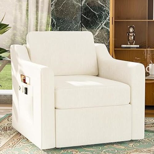 360° Swivel Accent Chair, Large Comfy Reading Chairs, Accent Square Single-seat Armchair Upholstered Sofa for Reading, Nursery, Living Room, Bedroom, Lounge, Hotel, Beige