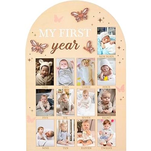 R HORSE My First Year Photo Frame Board, 3D Butterfly Baby First Year Picture Frame 12 Months Milestone Display Wood Board Baby Keepsake 1st Birthday Nursery Decor Gift for Boy Girl