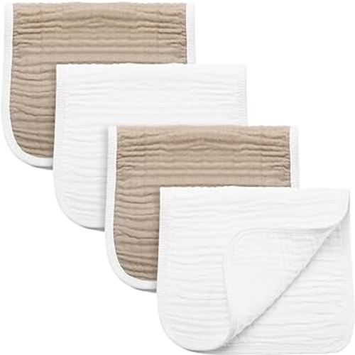 Synrroe Burp Cloths Large, Muslin Burp Cloths for Baby Girls and Boys, Pack of 4 Extra Absorbent and Soft Muslin Bibs, 6 Layers 20 by 10 Inches 100% Cotton (White and Brown 4 Pack)