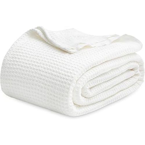 Bedsure 100% Cotton Blanket Twin XL Size for Bed - Breathable and Soft, Waffle Weave Blanket for Summer Spring, White, 66x90 inches