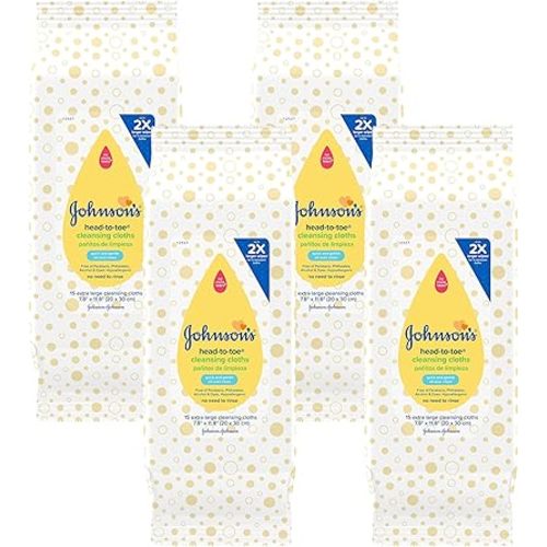 Johnson's Head-to-Toe Gentle Baby Cleansing Cloths, Hypoallergenic and Pre-Moistened Baby Bath Wipes, Free of Parabens, Phthalates, Alcohol, Dyes and Soap, 15 ct