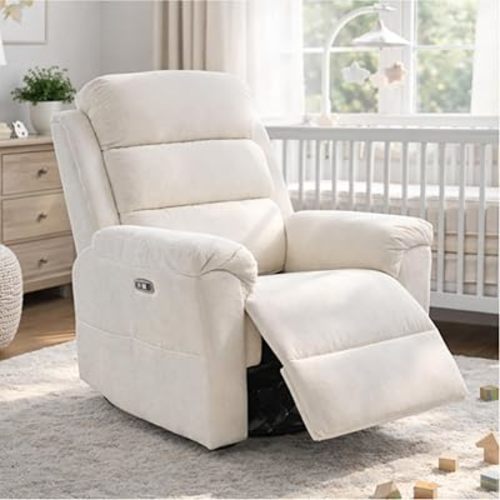 FLEXISPOT XRC6-Pro Swivel Rocker Recliner Chair, Power Nursery Glider Recliner with Massage & Heat, Adjustable Headrest, Oeko-TEX Fabric, FSC Wood Frame Ideal for Nursery & Home Relaxation, Cream