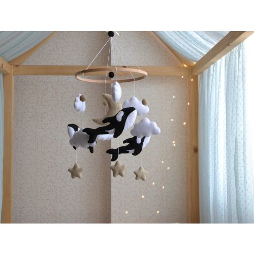 Killer Whale mobile, orca baby mobile, whale baby mobile ,Nautical mobile nursery Ocean hanging crib mobile orcas,star clouds nursery mobile
