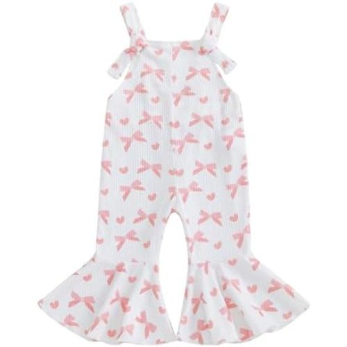 Toddler Girl Valentines Outfit Heart Bow Suspender Romper Jumpsuit Overalls Bell Bottom Pants Spring Fall Clothes