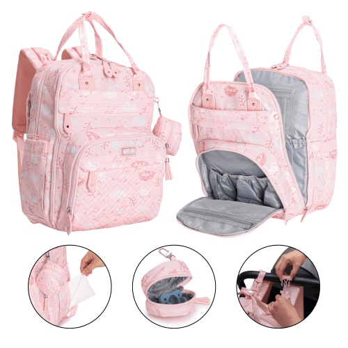 BabbleRoo Diaper Bag Backpack, Waterproof Travel Bag with Changing Pad, Original Baby Bag, Pink Birdy