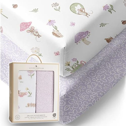 Living Textiles 100% Organic Cot Sheet Fitted 2 Pack -70x135cm, Premium Fabric for Baby's Best Comfort, Super Soft Baby for Crib Bed,Cot,Travel,Moisture Resistant (Whimsical Wonderland)
