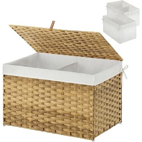 GREENSTELL Storage Basket with Lid, 65L Small Wicker Basket with Lid, Handwoven Blanket Storage Basket with Handles, Removable Cotton Liner, Metal Frame, Foldable for Bedroom, Laundry Room, Natural
