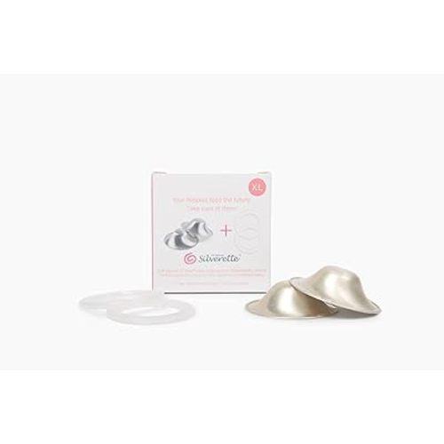 SILVERETTE The Original Silver Nursing Cups, Nipple Covers for Breastfeeding with O-Feel Silicone Rings, XL