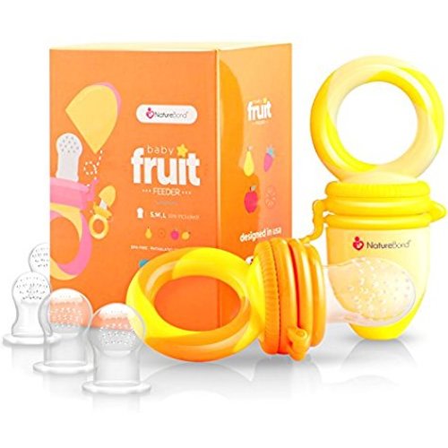 NatureBond Baby Food Feeder/Fruit Feeder Pacifier (2 Pack) - Infant Teething Toy Teether | Includes Additional Silicone Sacs - Sunshine Orange and Lemonade Yellow