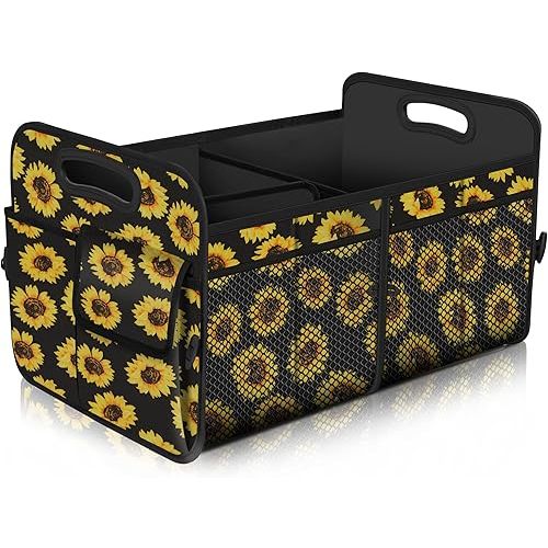 Femuar Car Trunk Organizer with 72L Large Capacity Waterproof Collapsible and 11 Pockets, Trunk Organizer for Car SUV/Jeep/Sedan, Large Size, Sunflower