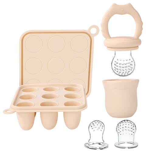 Socub Silicone Baby Fruit Food Feeder & Baby Food Freezer Tray Set, Milk Popsicle Molds for Baby Teething Relief, Baby Food Pacifier Feeder for Self Feeding, Include 3 Sizes Food Pouch(Sand)