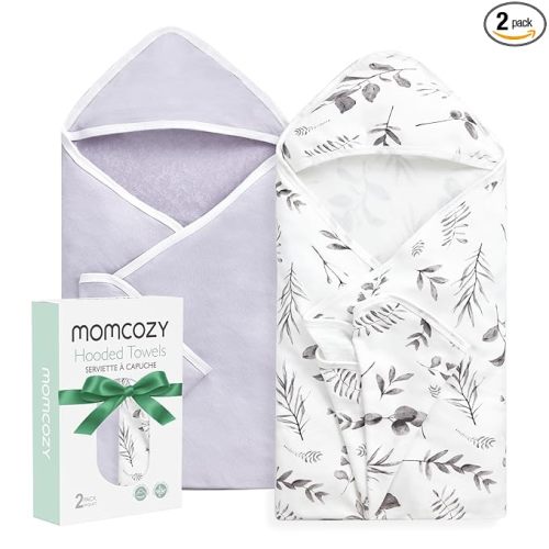 Momcozy Baby Hooded Towel-Made from Cotton, Suitable for Newborn Shower Gifts, 2 Count (Pack of 1), 28 X 28 Inch, Ink Wash Leaves