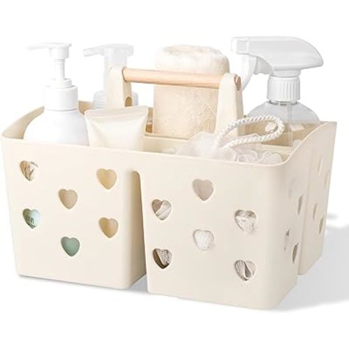 Anyoifax Portable Shower Caddy Plastic Shower Basket Organizer Divided Bathroom Storage Cleanning Caddy Tote with Handle for College, Dorm Room, Kitchen, Beige