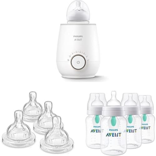 Philips AVENT Fast Baby Bottle Warmer with Smart Temperature Control and Automatic Shut-Off, SCF358/00 | Philips AVENT Anti-Colic Baby Bottles with AirFree Vent, 9oz, 4pk, Clear, SCY703/04 | Philips AVENT Anti-Colic Baby Bottle Flow 1 Nipple, 4pk, SCY761/