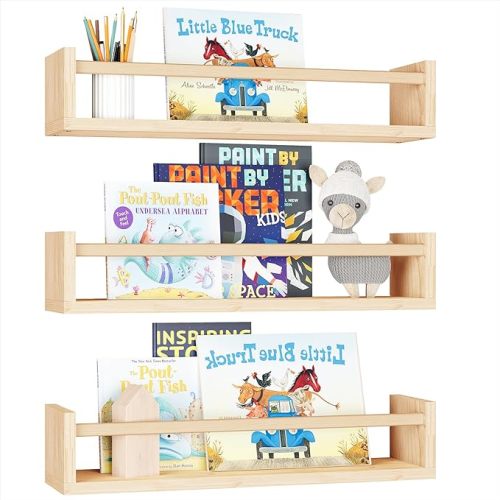 Fixwal Nursery Shelves, 16.5 Inch Floating Bookshelves for Wall Set of 3, Baby Nursery Decor, Solid Wood Wall Mounted Shelves for Books (Natural Wood) - 16.5in