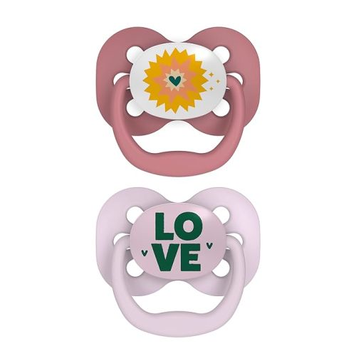 Dr. Brown's Advantage Baby Pacifier, Fully Symmetrical Soother with Soft Silicone Bulb, 0-6m, BPA Free, Lavender Love, 2 Pack (Style May Vary) - 2 Pack, Pink Stars