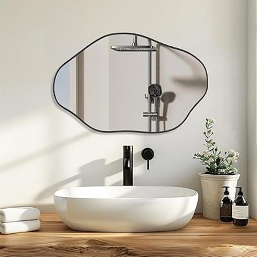 Irregular Wall Mirror Cloud Mirror Asymmetrical Shaped Mirror Aluminum Alloy Framed Mirror for Living Room Bathroom Bedroom Entryway Fireplace (Black, 24"x36")
