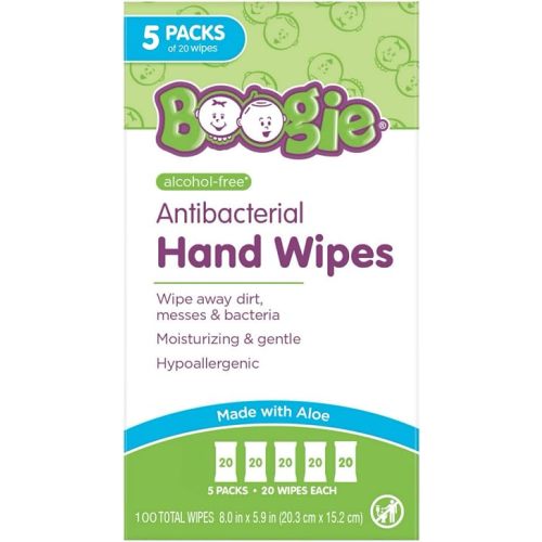 Boogie Antibacterial Hand Wipes - 100 Count - Hypoallergenic & Alcohol-Free - Travel and Diaper Bag Essential
