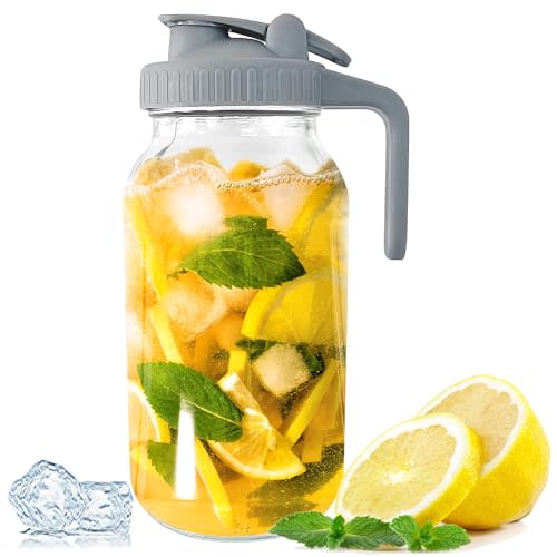 64 oz Pitcher Mason Jar - Heavy Duty Wide Mouth Jar with Flip Cap Lid and Pour Spout - Airtight Seal for Freshness and Convenience - Great for Cold Beverages, Breast Milk, and Home Entertaining