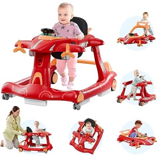 Xilingol 6-in-1 Baby Walker with Adjustable Speed Wheels, Adjustable Height Activity Walker with Padded Seat, Foldable Walker for Babies 6-12 Months, Toddler Push Walker for Boy & Girl 12-18 Months