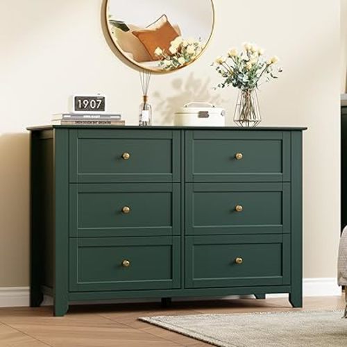 IDEALHOUSE Green 6 Drawer Dresser for Bedroom, Large Dresser with Deep Drawers & Metal Knobs, Modern Wooden Chests of Drawers for Entryway, Hallway