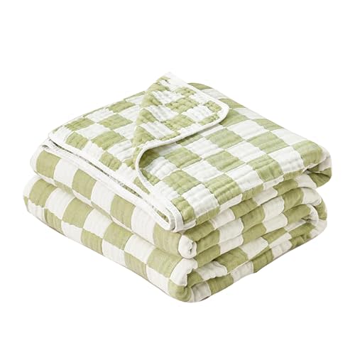 Ultra Soft Cozy Cotton 6-Layer Muslin Baby Blanket 41"x41" Breathable Lightweight Checkered Swaddle Blanket for Baby Boy Girl Birthday Gifts All Seasons Both Sides Sage Green