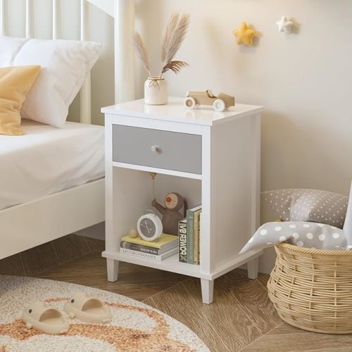 Modern Nightstand, Kids Nightstand with One Drawer, End Table for Boys and Girls, Toddler Night Stand for Living Room, Bedroom (Grey)