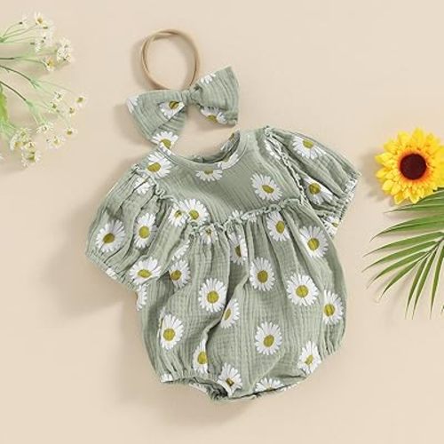 Amazon.com: Baby Girl Rompers Daisy Short Sleeve Infant Bodysuit Summer Newborn Girl Linen Cotton Jumpsuit Clothes Headband (Green, 3-6 Months): Clothing, Shoes & Jewelry