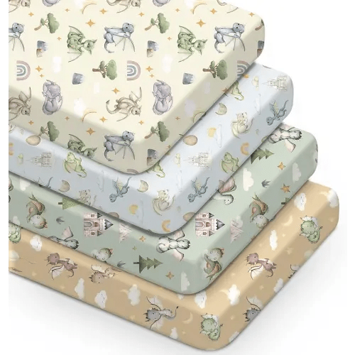 VitalCozy 4 Pcs Watercolor Dragon Crib Sheet Set Newborn Bedding Nursery Baby Sheets for Girl Boys Baby Gifts for Standard Crib and Toddler Mattresses, 52 x 28 x 8 Inches
