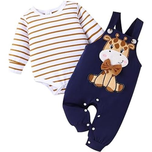 Baby Boy Clothes Newborn Outfits Fall Winter Striped Romper Infant Cartoon Overall Adjustable Suspender Pants Set
