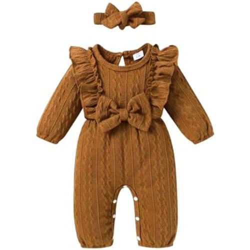 Happy Town Baby Girl Romper Infant Fall Winter Clothes Ruffle Sweater Long Sleeve Bodysuit Jumpsuit and Headband