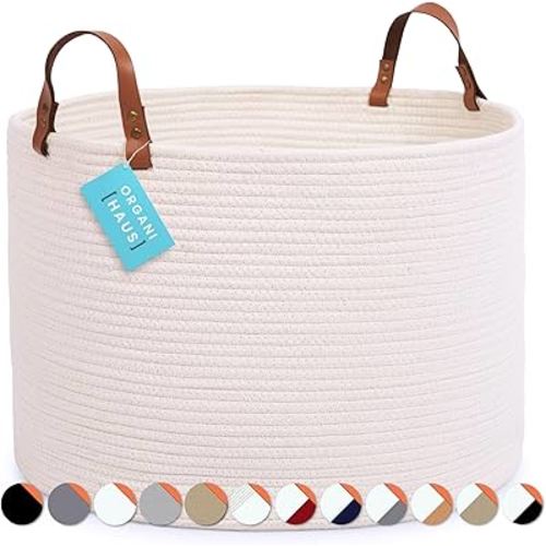 OrganiHaus White Large Baskets for Organizing 20x13, Large Blanket Basket for Living Room, Toy Storage Basket for Kids, Large Rope Basket w/Handles, Big Woven Hamper, Round Basket for Blankets