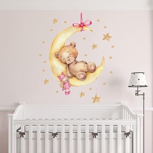 Teddy Bear Sleeping on The Moon and Stars Wall Stickers for Kids Baby Room Interior Decoration Wall Decals (Gold Teddy Bear)