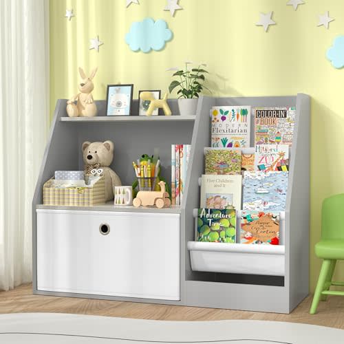 TOETOL Kids Bookshelf,Book Storage Organizer,4 Sling Toddler Wooden Book Shelf,2-Tier Kids Bookcase for Bedroom,Livingroom,Playroom,Nursery-Grey