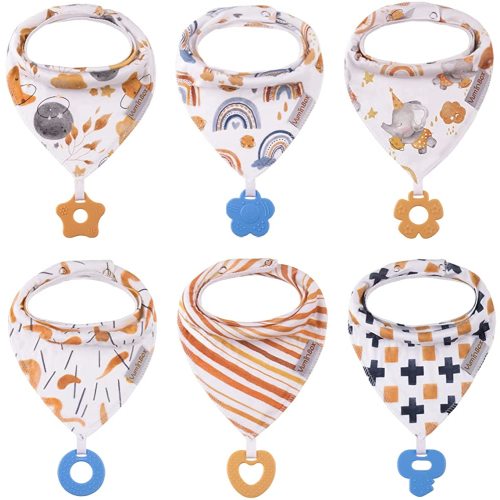 Baby Bandana Drool Bibs 6-Pack and Teething Toys 6-Pack Made with 100% Organic Cotton, Absorbent and Soft Unisex (Vuminbox)
