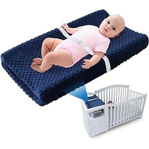 LOONAH Compact Small Changing Pad with Cover - 27" X 16" Contoured Baby Diaper Changing Pad for Combo Crib with Changing Table-Waterproof & Hypoallergenic, Safety Strap with Quick-Release Buckle-Blue