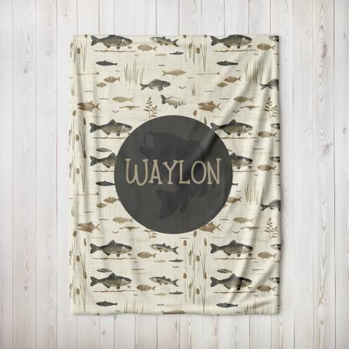 PERSONALIZED Trout and Bass Fish Blanket, Sherpa Baby Blanket, Baby Name Fisherman Swaddle , Lake Crib Bedding, Kids Minky Name Blanket