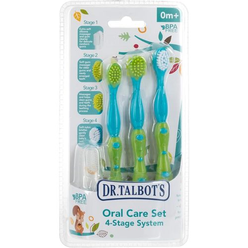 Dr. Talbot's Oral Care Set with Stand; 4-Stage System with 1 Silicone Finger Massager, 2 Massaging Brushes, 1 Soft Nylon Bristle Toddler Toothbrush; 0+ Months, Blue & Aqua