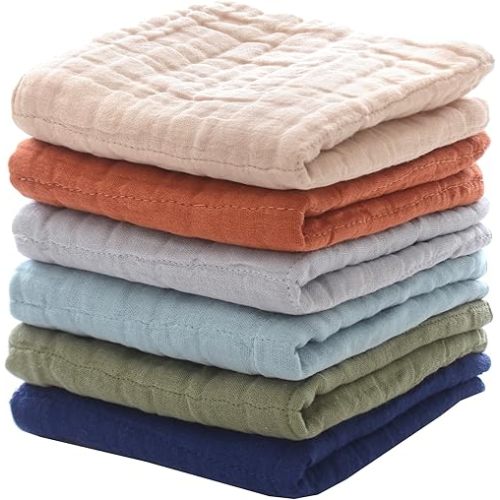 MUKIN Cotton Towel for Baby, Soft Face Cloths, Newborn Absorbent Bath Wipes, Muslin Washcloth Burp Cloths or Towels, Pack of 6, 12x12 inches (Multicolor)