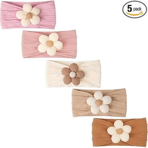 CÉLLOT 5 Pcs Baby Flower Headbands Baby Girls Nylon Headbands Soft Hairbands Hair Accessories for Newborn Infant Toddler Kids