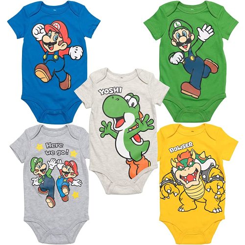 SUPER MARIO Nintendo Donkey Kong Yoshi Mario Lugi Bowser Toad 5 Pack Short Sleeve Bodysuits Newborn to Infant