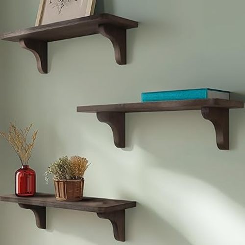 Real Wood Dark Brown Shelf for Wall - 17 inch (3 Pack) - Easy to Install, Template and Video Included - Brown Wall Shelves, Dark Wood Shelves
